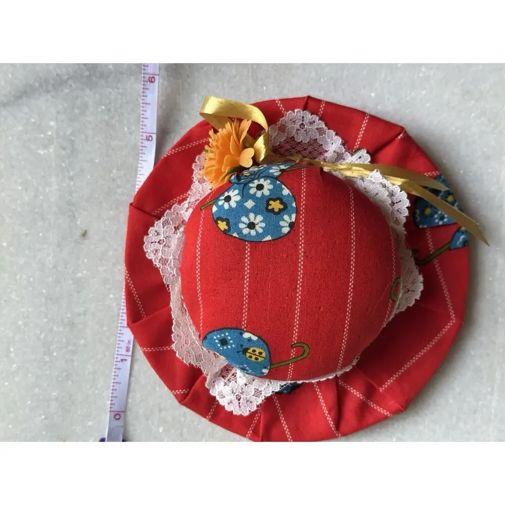 red hat Pin Needle Cushion vintage lacy brim flower sewing Accessories 6” X 6”